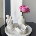 El Yapımı Dekoratif, Yuvarlak Tabaklı, Romantik Çift, Minimal Vazo ve Lotus Mumluk 4'lü Set