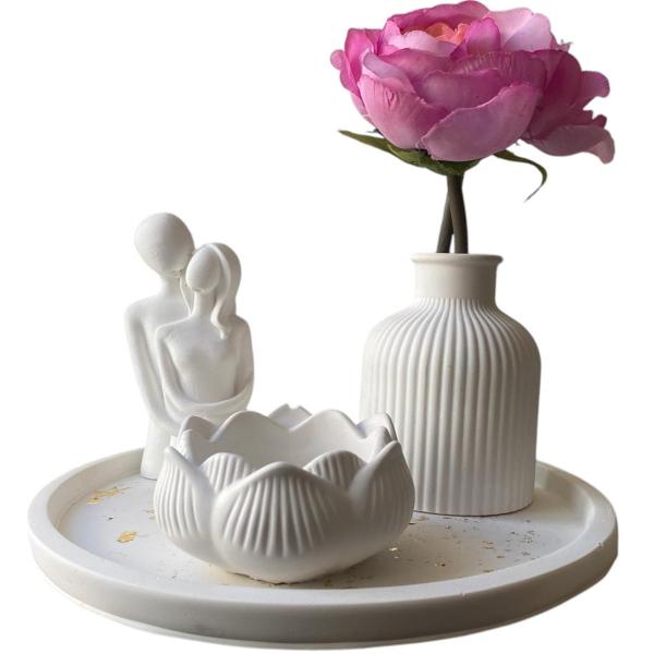 El Yapımı Dekoratif, Yuvarlak Tabaklı, Romantik Çift, Minimal Vazo ve Lotus Mumluk 4'lü Set