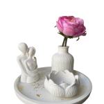 El Yapımı Dekoratif, Yuvarlak Tabaklı, Romantik Çift, Minimal Vazo ve Lotus Mumluk 4'lü Set